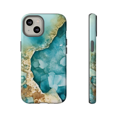 Aquamarine inspired Geode in Watercolor - Impact Resistant Phone Case iPhone 14 Glossy